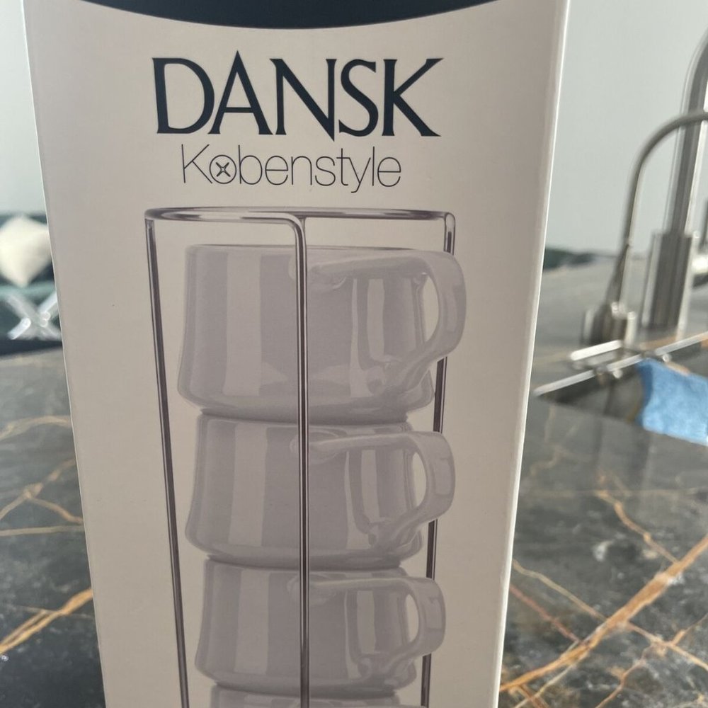 Dansk Kobenstyle espresso Demitasse mug  & rack set (4) RARE. New in box. WHITE